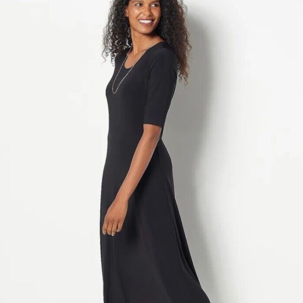 New Women’s Maxi Dress Como Jersey Knit Elbow Sleeve Drapes and Flows Black XXS